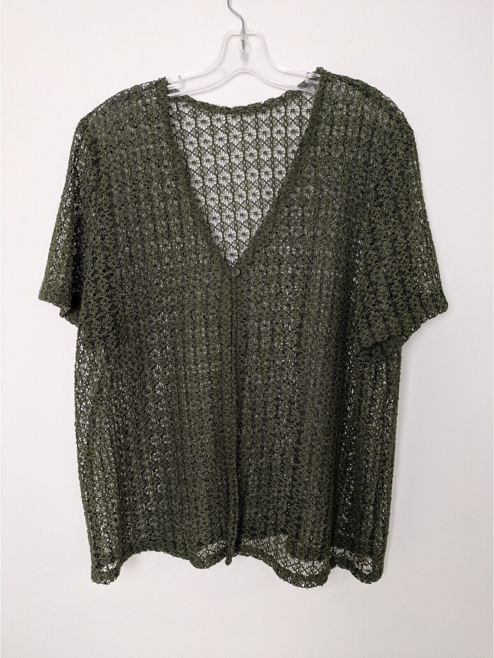 Vintage Olive Green Open Knit Crochet Cardigan Sheer Mesh Short Sleeve Top Large